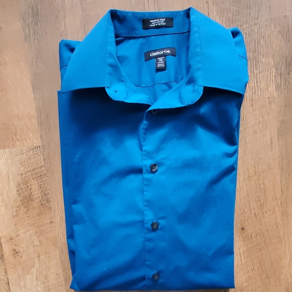 Claiborne Mens Solid Teal Long Sleeve Buttondown Shirt Size Neck 16‎
